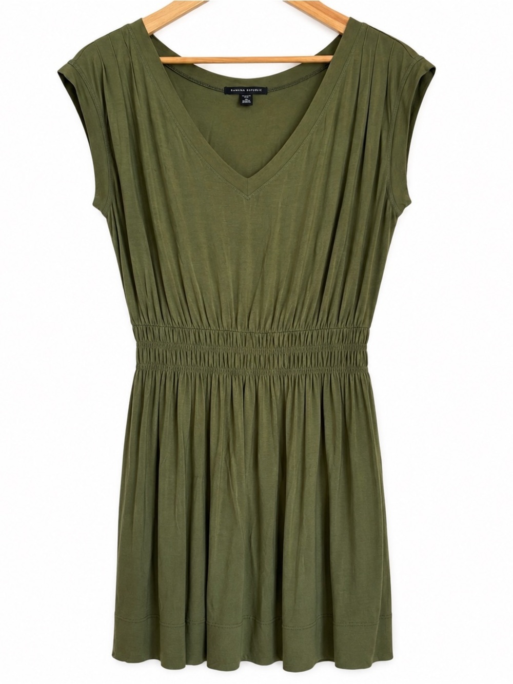 Banana Republic Women’s Olive Green V-Neck Smocked Waist Dress, Size Small - Picture 2 of 9